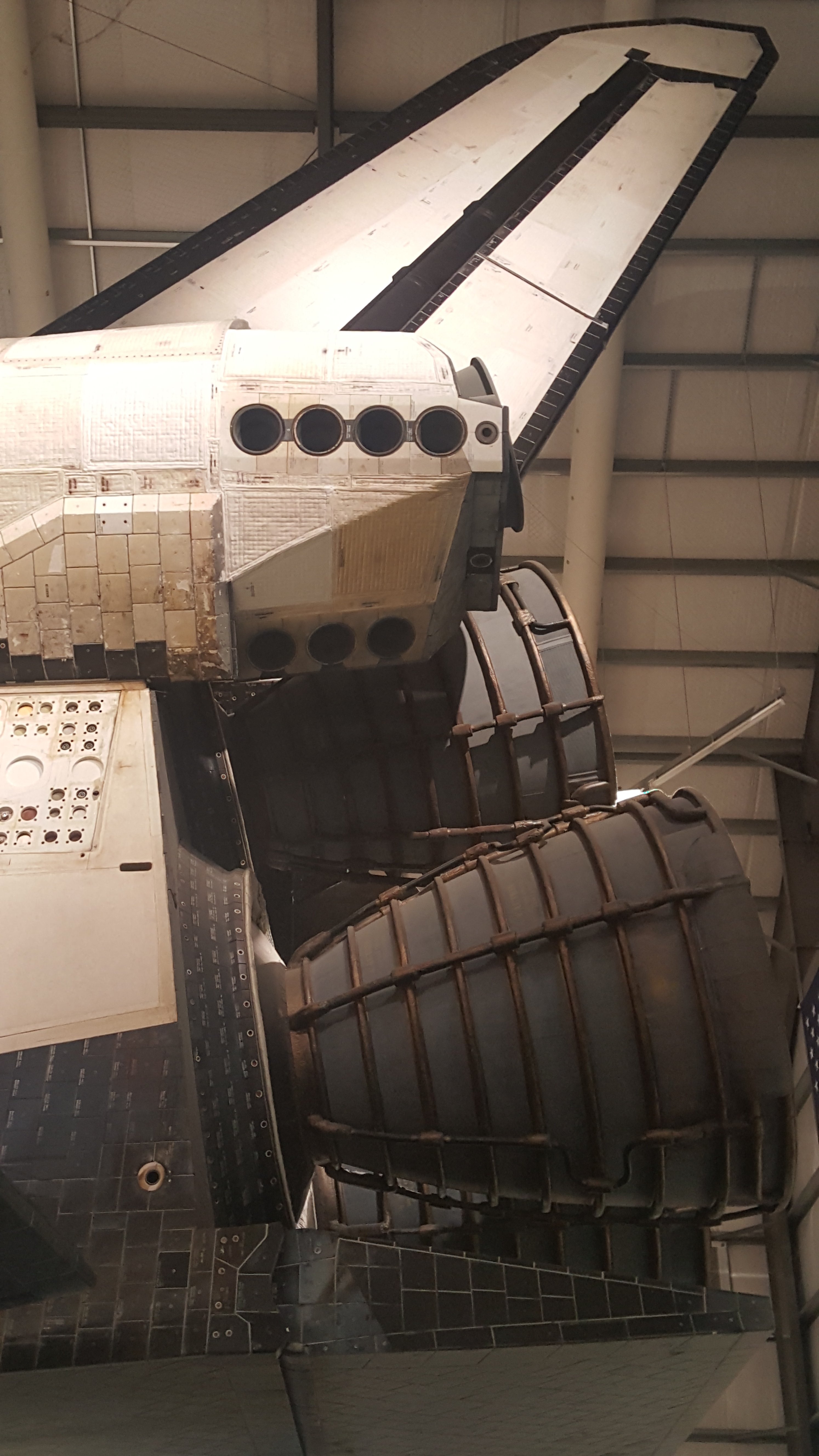 Space Shuttle Endeavour aft port side with stabilizer and main engines - California Science Center, Los Angeles, CA